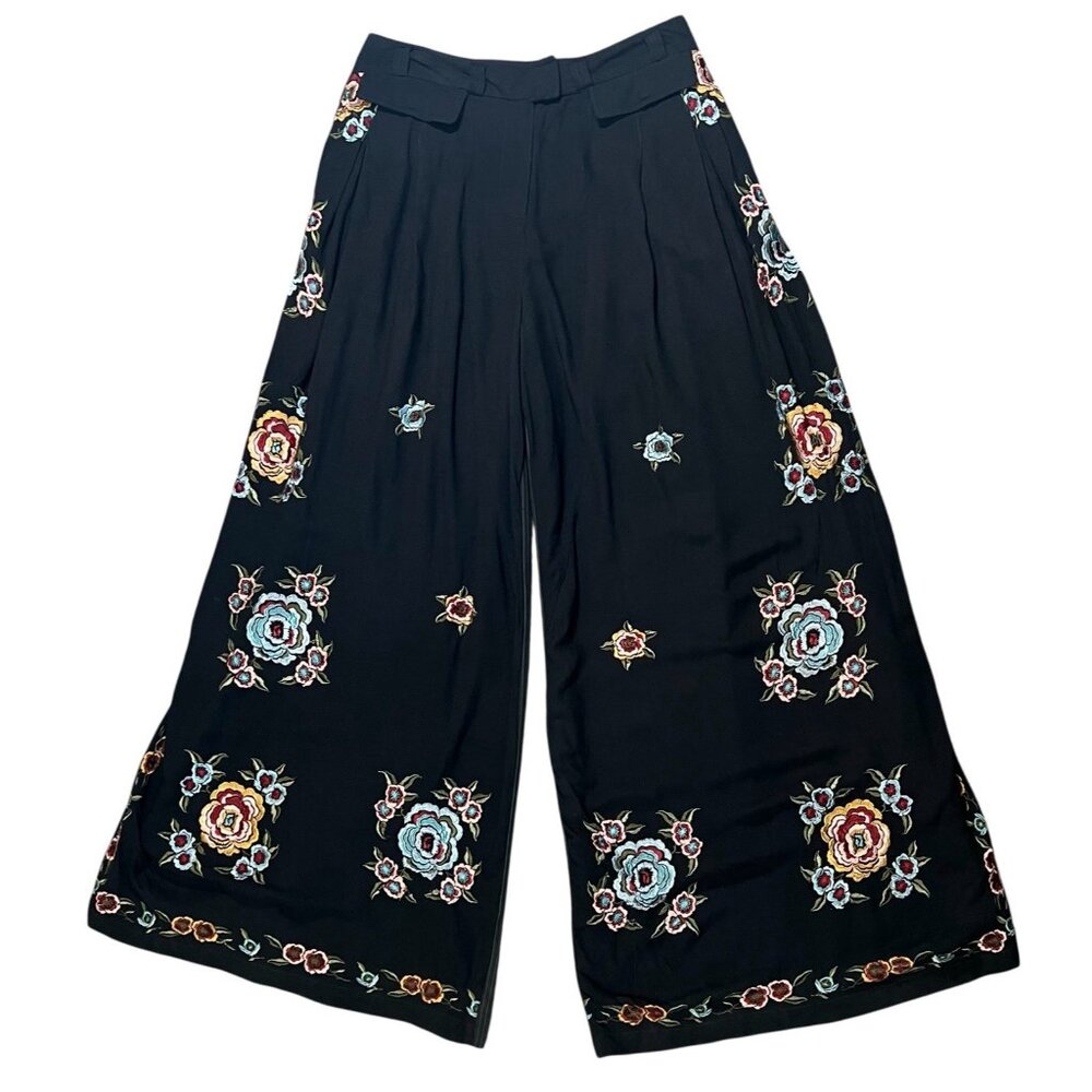 Free People Pants Wide leg Florence Embroidered Striped Boho Floral Size 8 - Picture 4 of 16